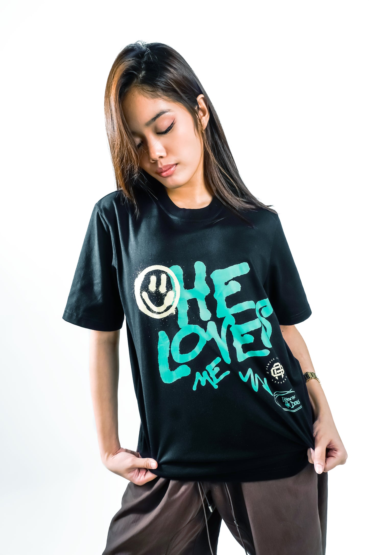 AOG Black Tee, He Loves Smiley Design