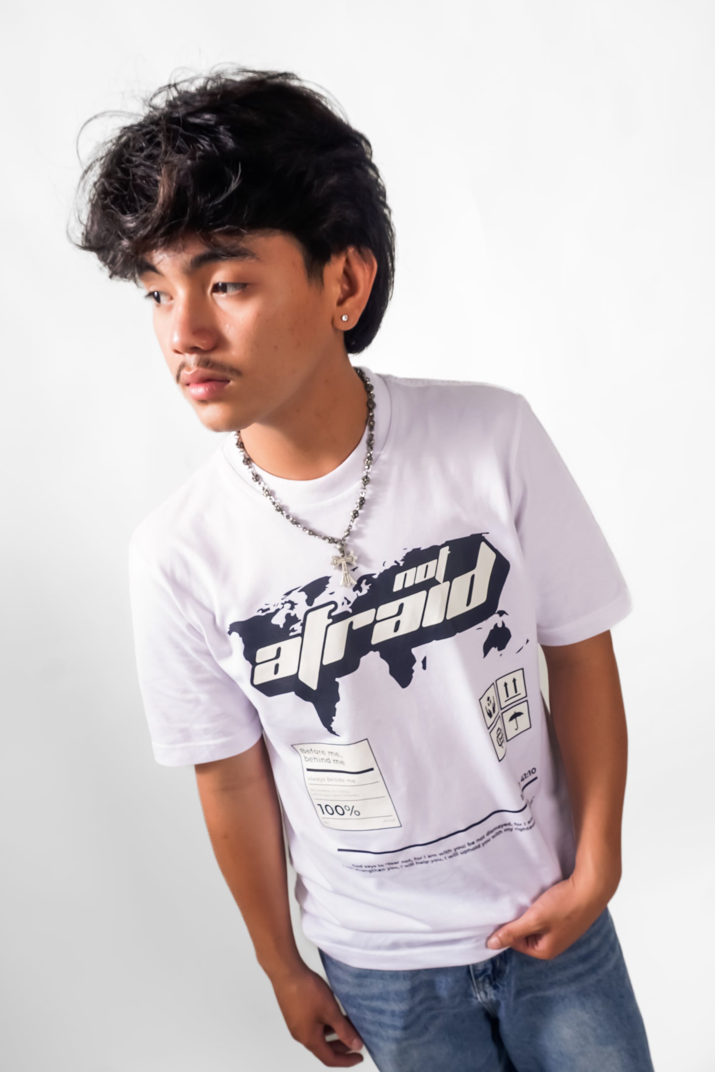 D9 Not Afraid God is with me Front Print DTF CVC Cotton Basic Size Pattern 230 GSM Christian Clothing Short Sleeve
